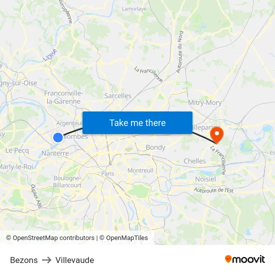 Bezons to Villevaude map
