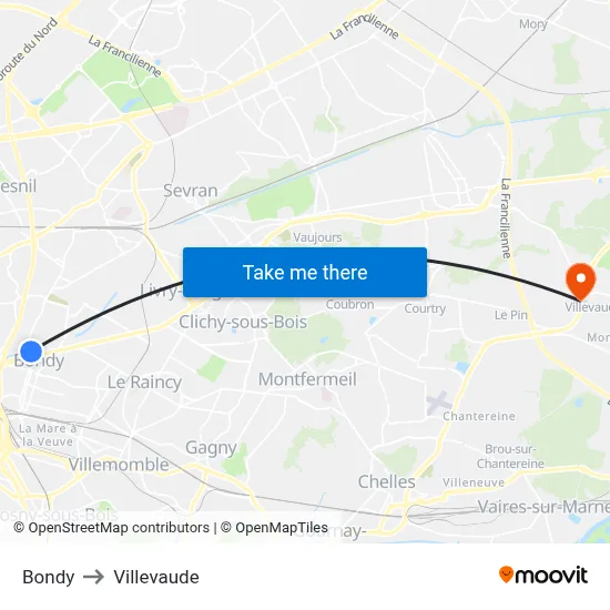 Bondy to Villevaude map