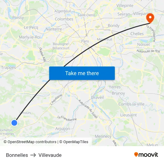 Bonnelles to Villevaude map
