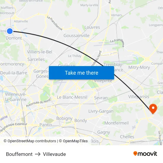 Bouffemont to Villevaude map