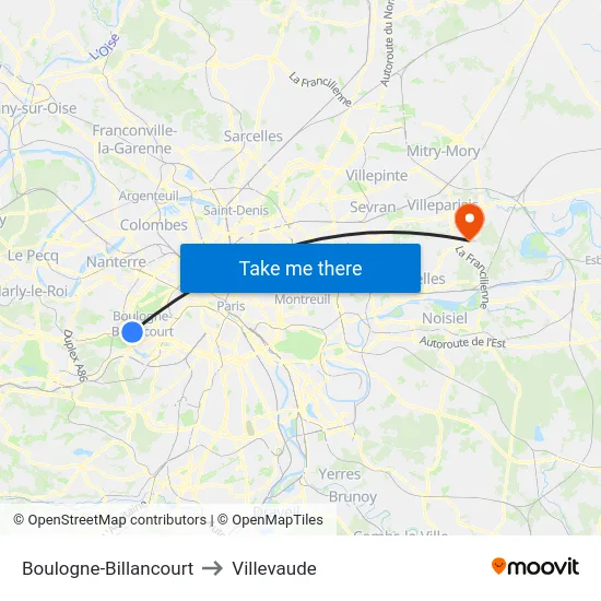 Boulogne-Billancourt to Villevaude map