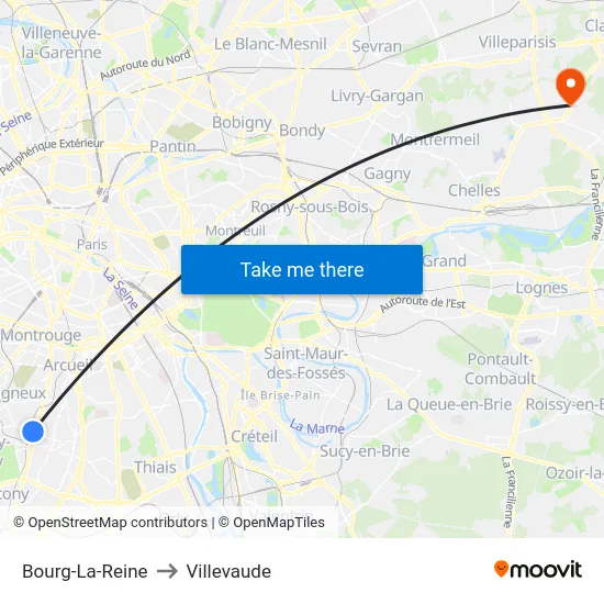 Bourg-La-Reine to Villevaude map