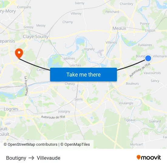 Boutigny to Villevaude map