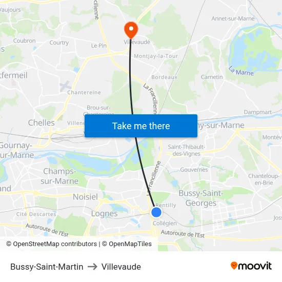 Bussy-Saint-Martin to Villevaude map