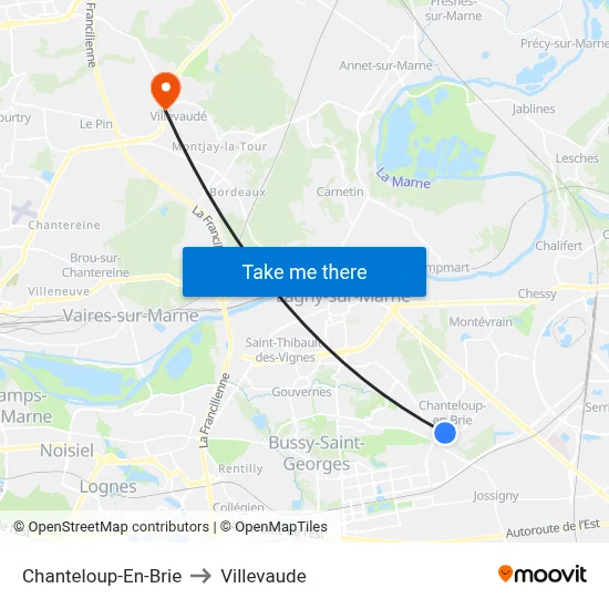 Chanteloup-En-Brie to Villevaude map