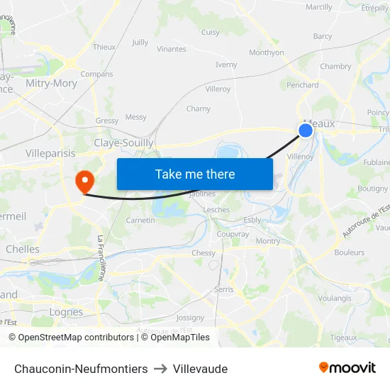 Chauconin-Neufmontiers to Villevaude map