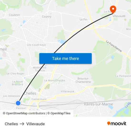 Chelles to Villevaude map