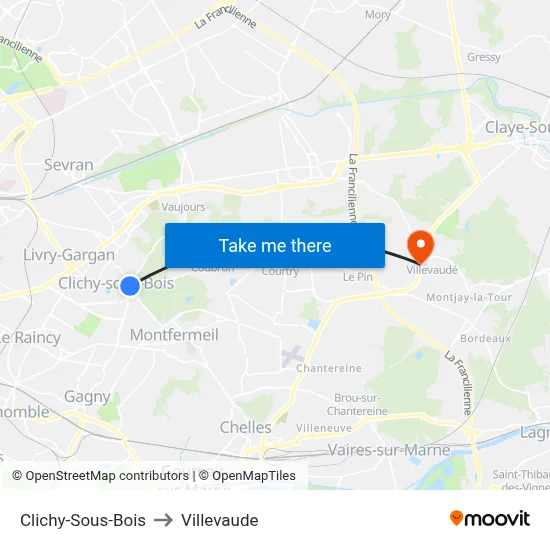 Clichy-Sous-Bois to Villevaude map
