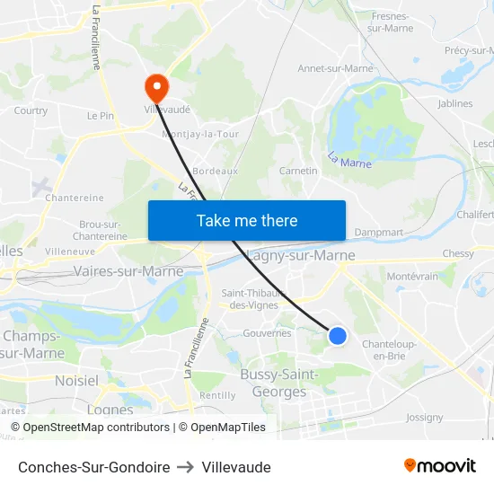 Conches-Sur-Gondoire to Villevaude map