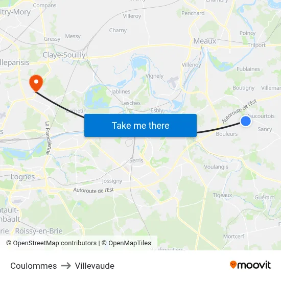 Coulommes to Villevaude map