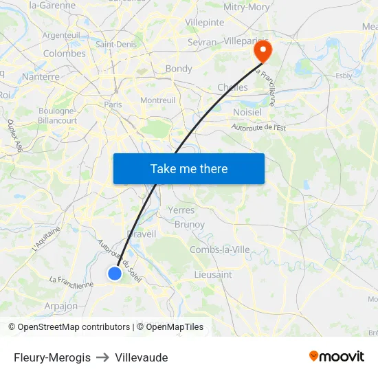 Fleury-Merogis to Villevaude map