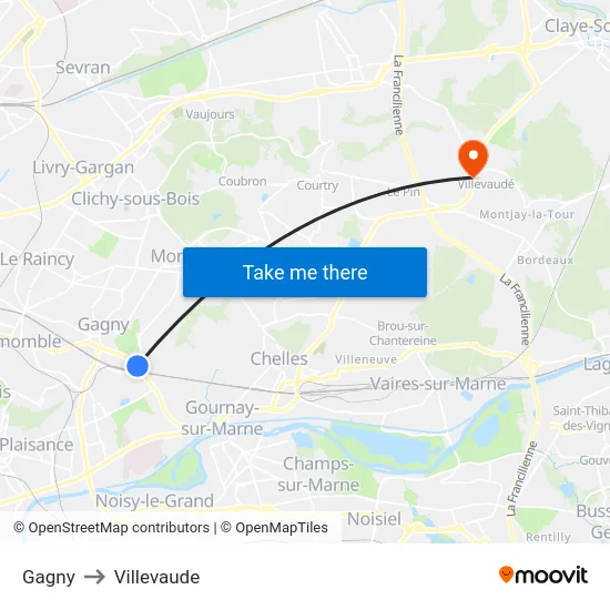 Gagny to Villevaude map
