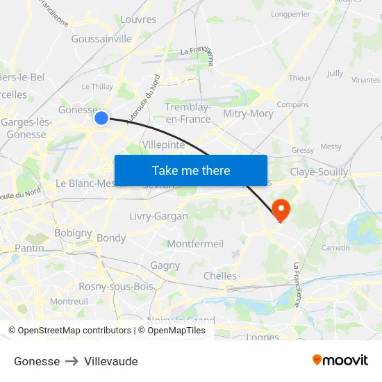 Gonesse to Villevaude map