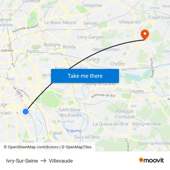 Ivry-Sur-Seine to Villevaude map