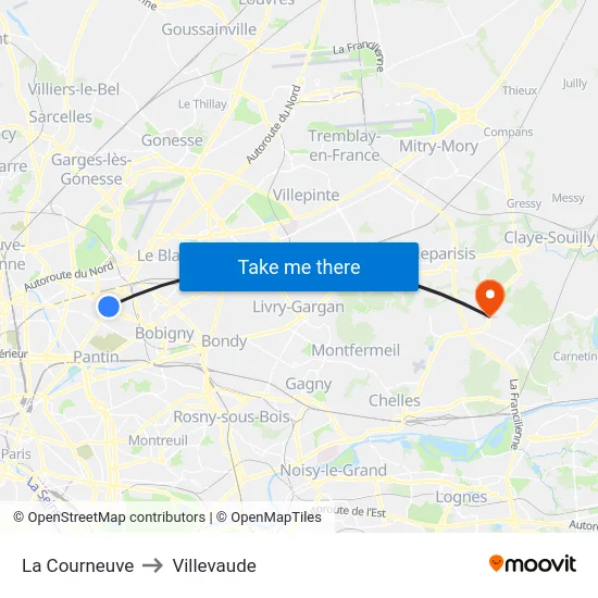 La Courneuve to Villevaude map