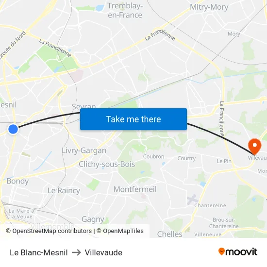Le Blanc-Mesnil to Villevaude map