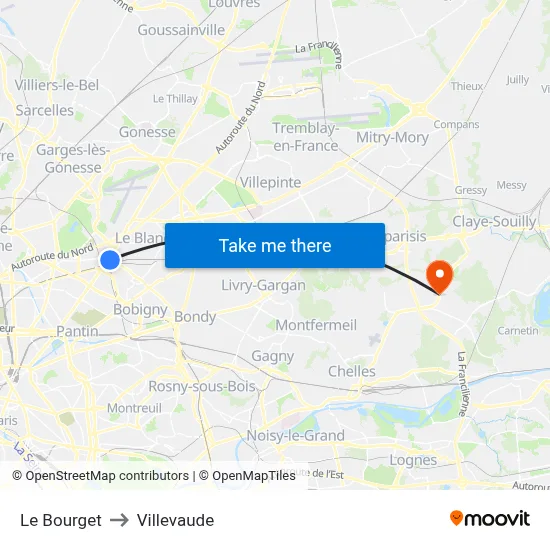 Le Bourget to Villevaude map