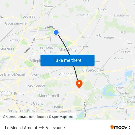 Le Mesnil-Amelot to Villevaude map