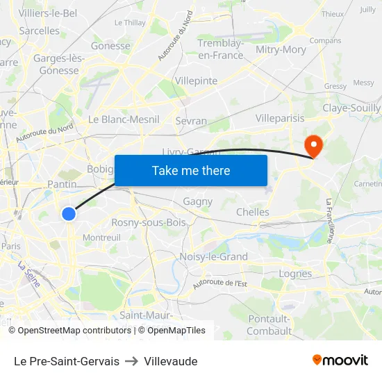 Le Pre-Saint-Gervais to Villevaude map