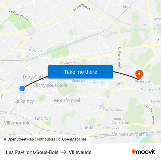 Les Pavillons-Sous-Bois to Villevaude map