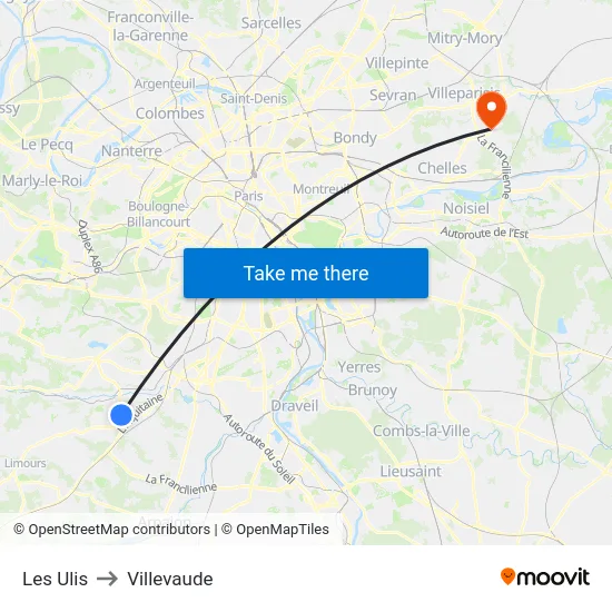 Les Ulis to Villevaude map