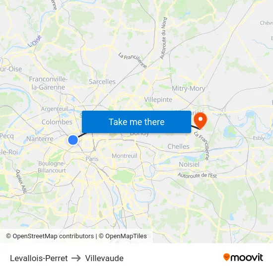 Levallois-Perret to Villevaude map