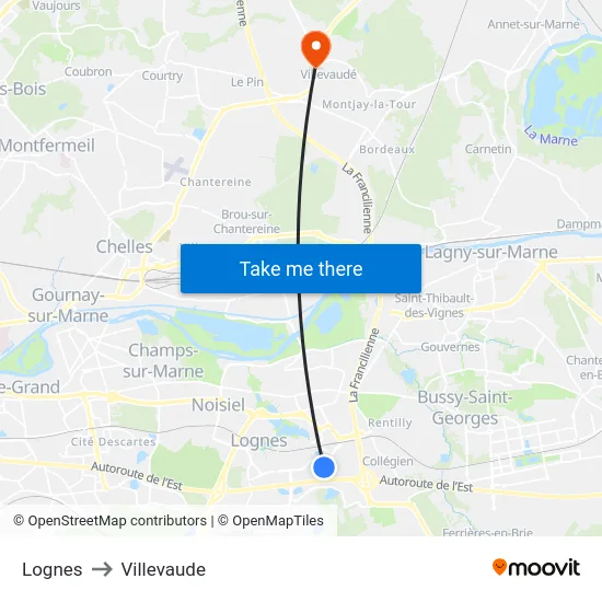 Lognes to Villevaude map