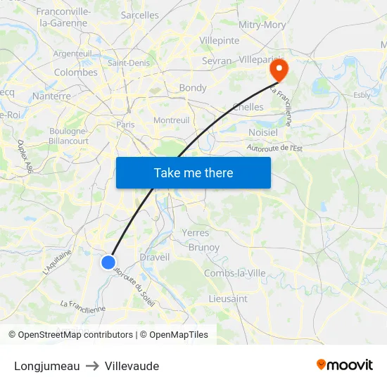 Longjumeau to Villevaude map