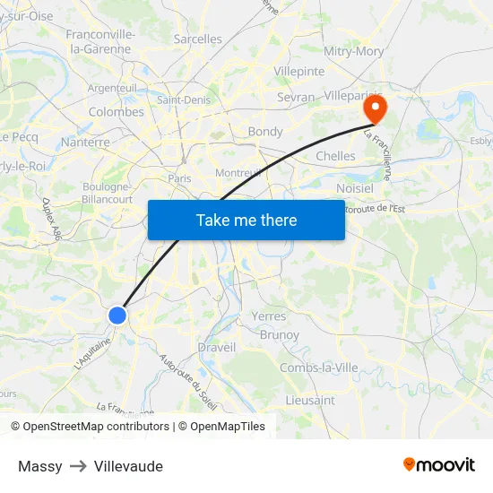Massy to Villevaude map