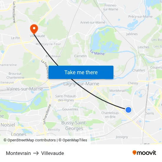 Montevrain to Villevaude map
