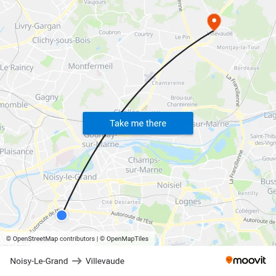 Noisy-Le-Grand to Villevaude map