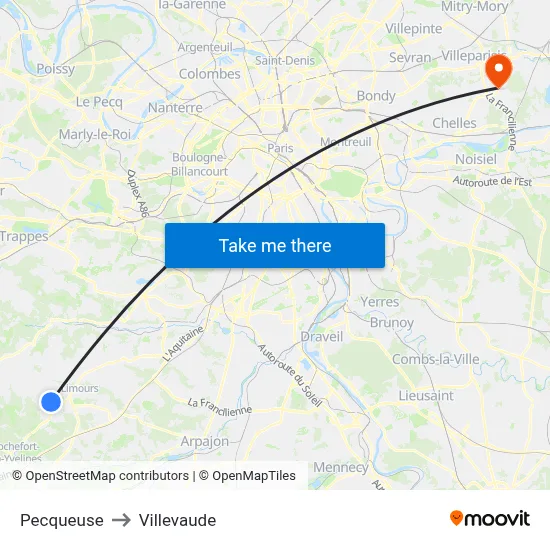 Pecqueuse to Villevaude map