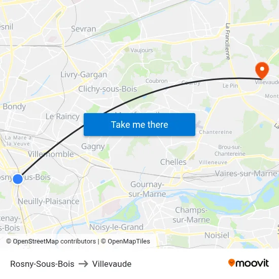 Rosny-Sous-Bois to Villevaude map