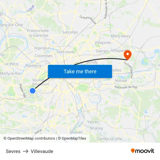 Sevres to Villevaude map