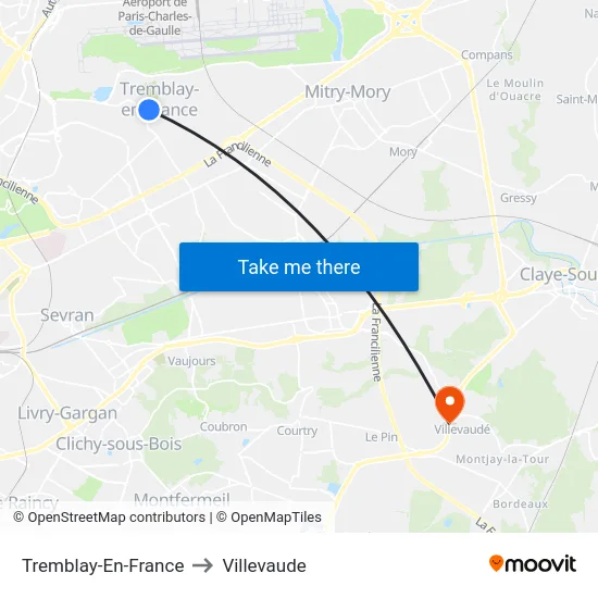 Tremblay-En-France to Villevaude map