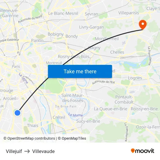 Villejuif to Villevaude map