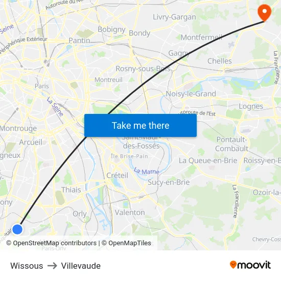Wissous to Villevaude map