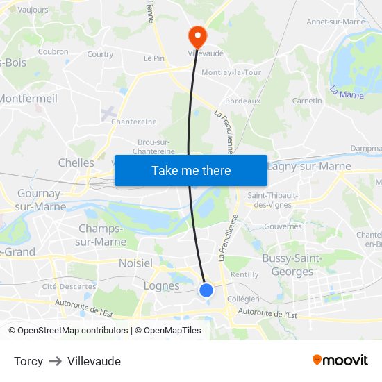 Torcy to Villevaude map