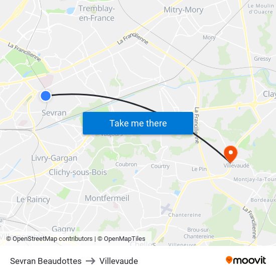 Sevran Beaudottes to Villevaude map