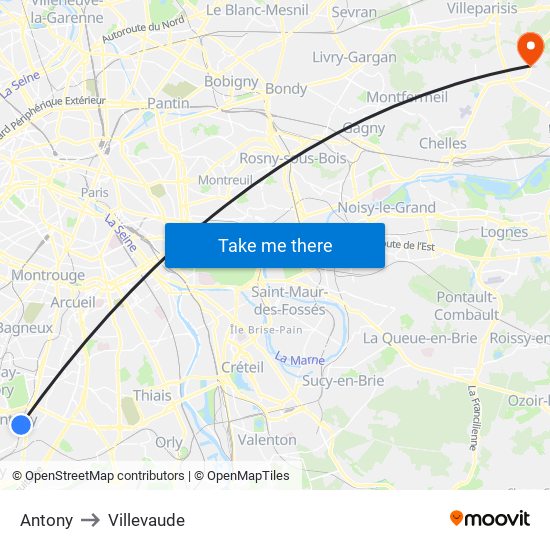 Antony to Villevaude map