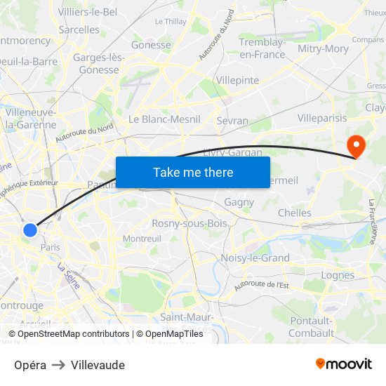 Opéra to Villevaude map