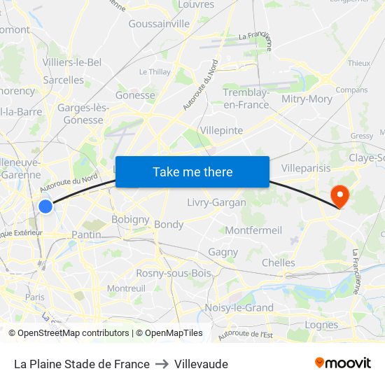La Plaine Stade de France to Villevaude map
