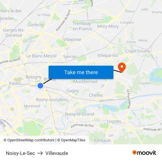 Noisy-Le-Sec to Villevaude map