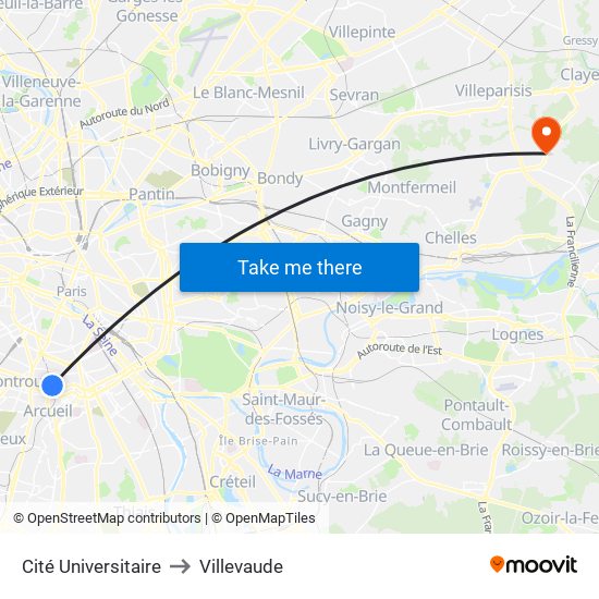 Cité Universitaire to Villevaude map