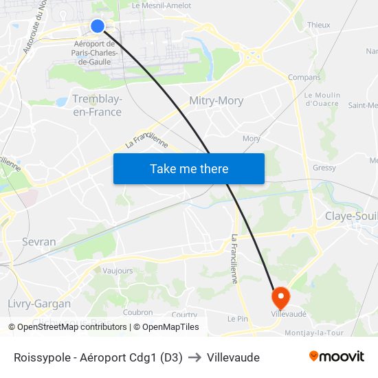 Roissypole - Aéroport Cdg1 (D3) to Villevaude map