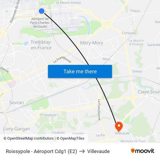 Roissypole - Aéroport Cdg1 (E2) to Villevaude map