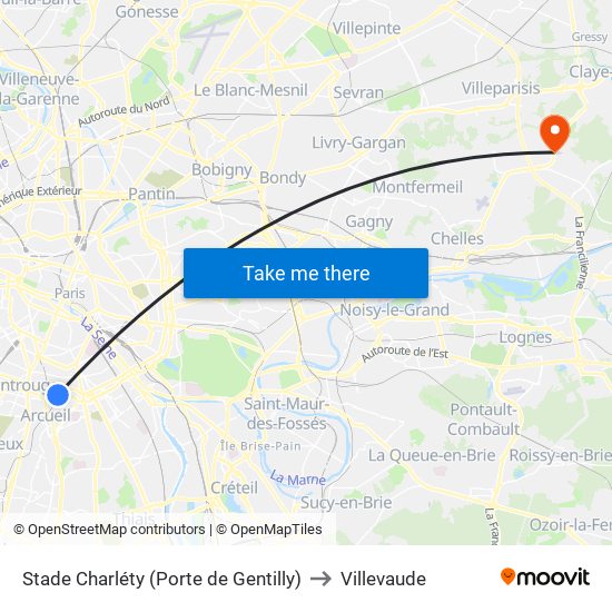 Stade Charléty (Porte de Gentilly) to Villevaude map