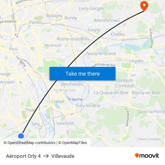 Aéroport Orly 4 to Villevaude map