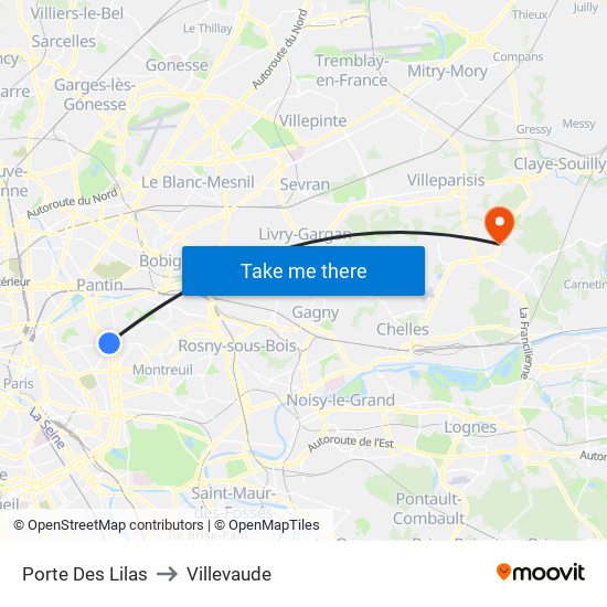 Porte Des Lilas to Villevaude map