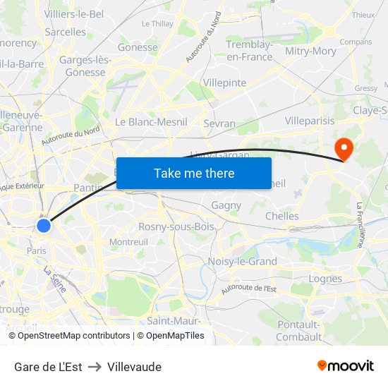 Gare de L'Est to Villevaude map